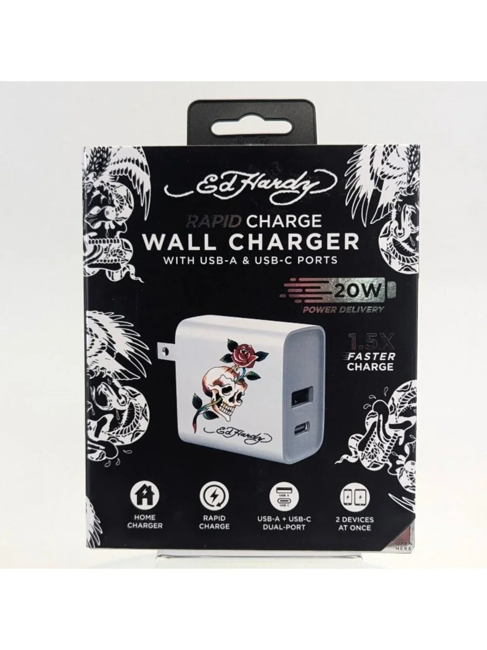 Ed Hardy Rapid Phone Wall Charger White Skull Flower USB-A & C Ports NIB
